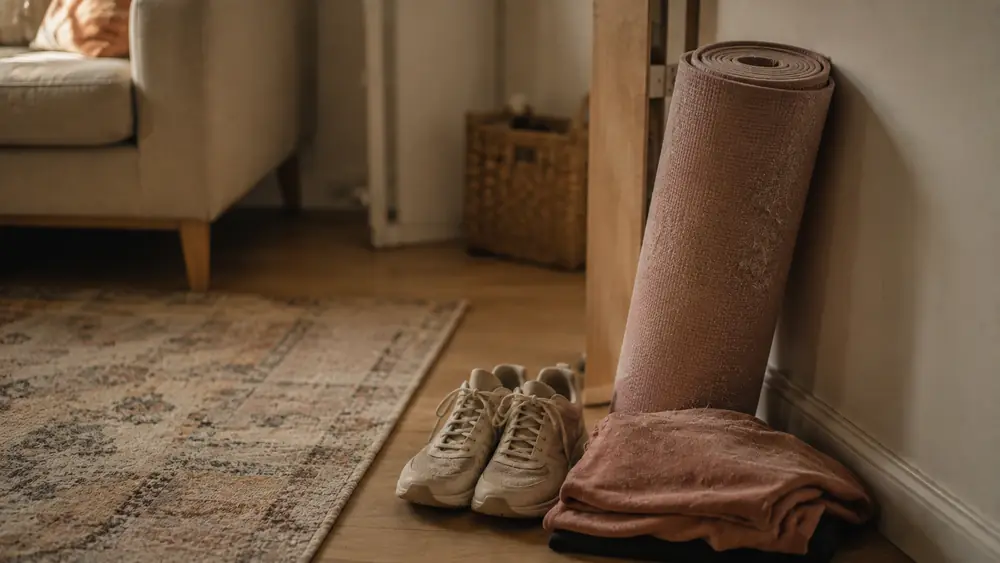 A rolled yoga mat and a pair of shoes left by the door, unused
