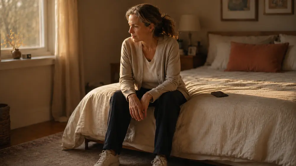 Woman sitting on the edge of her bed at the end of a long day