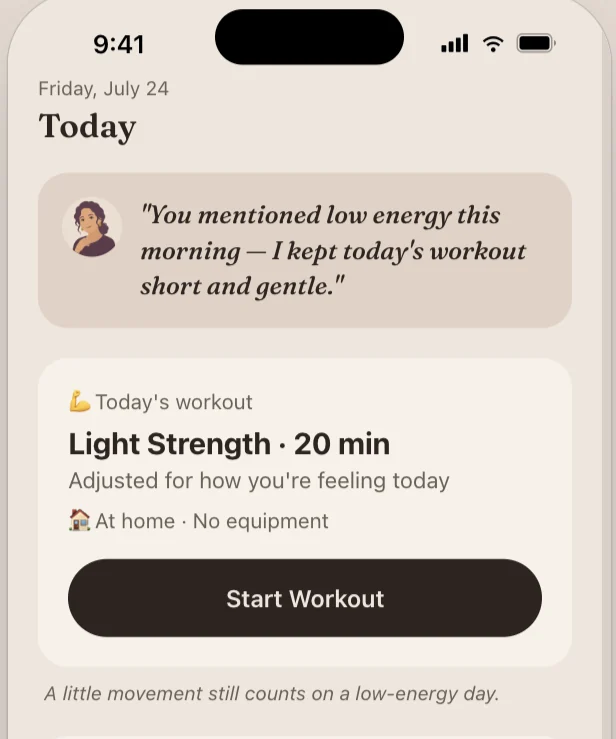 Evelyn Today screen, adjusted for how you are feeling