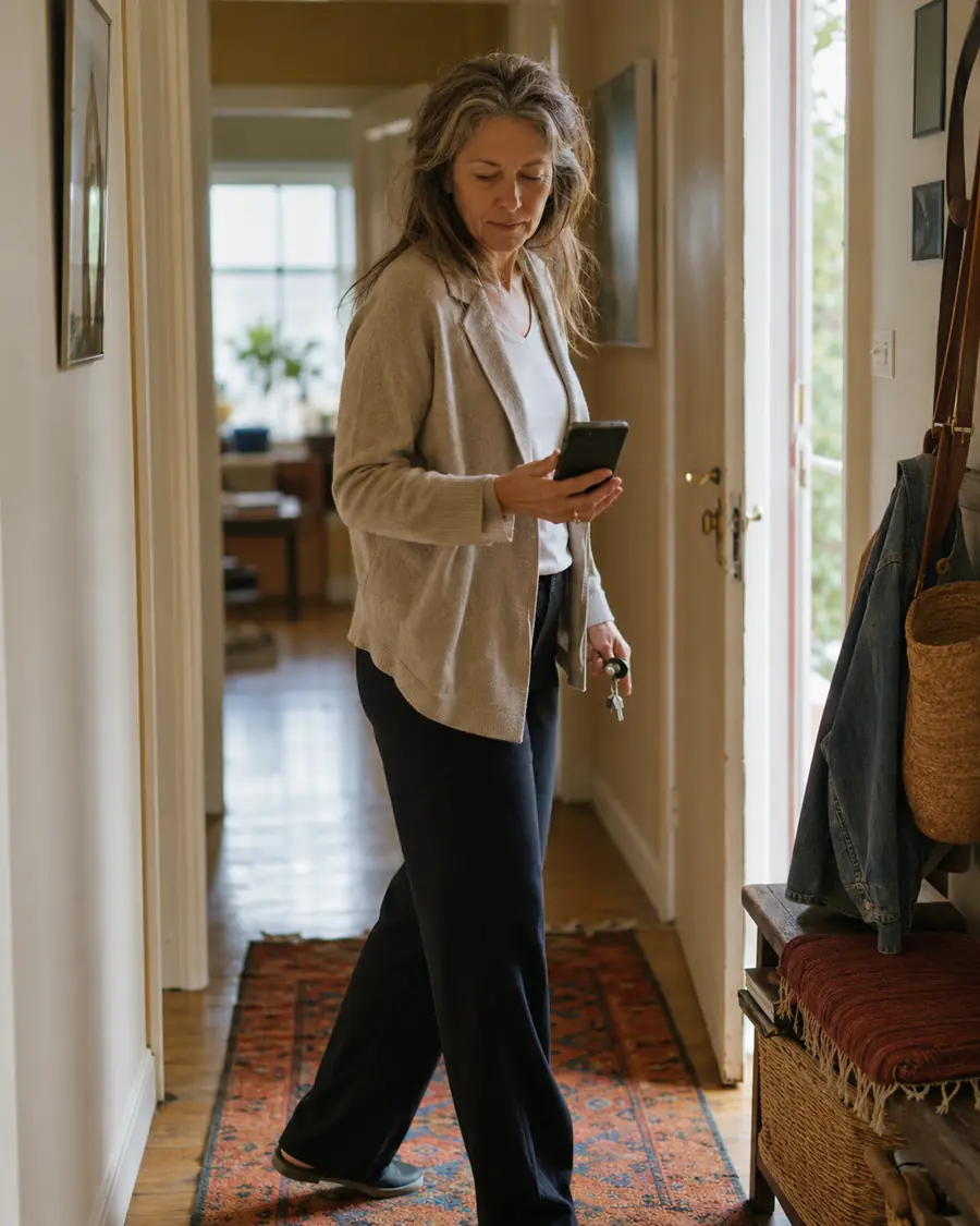 Woman in her hallway on the way out, phone in hand