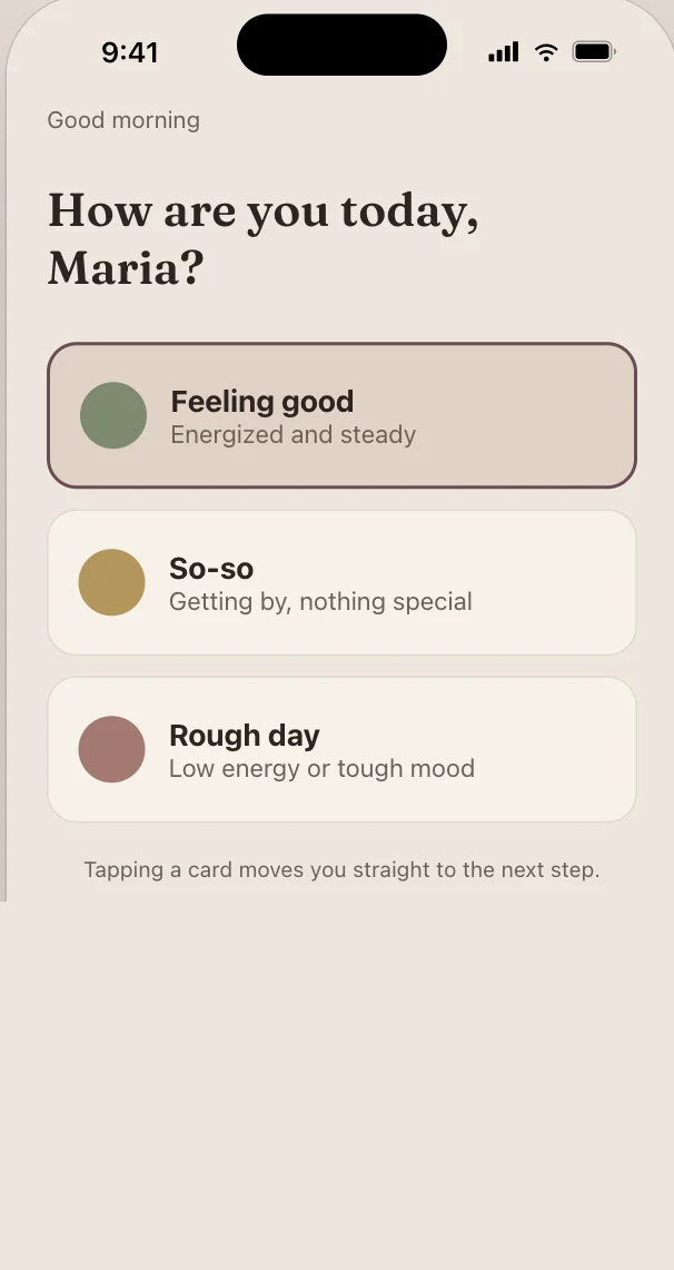Daily check in screen with three mood cards