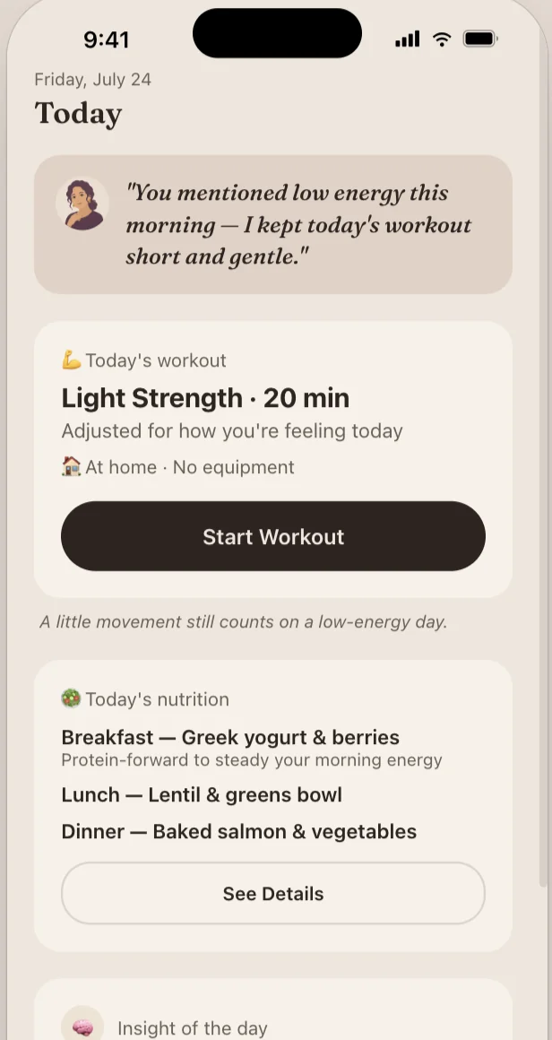 Today screen showing workout, nutrition and insight of the day