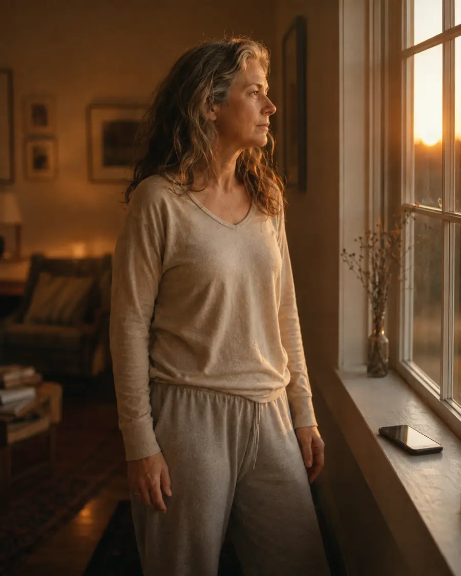 The same woman at her window at sunset, phone set down